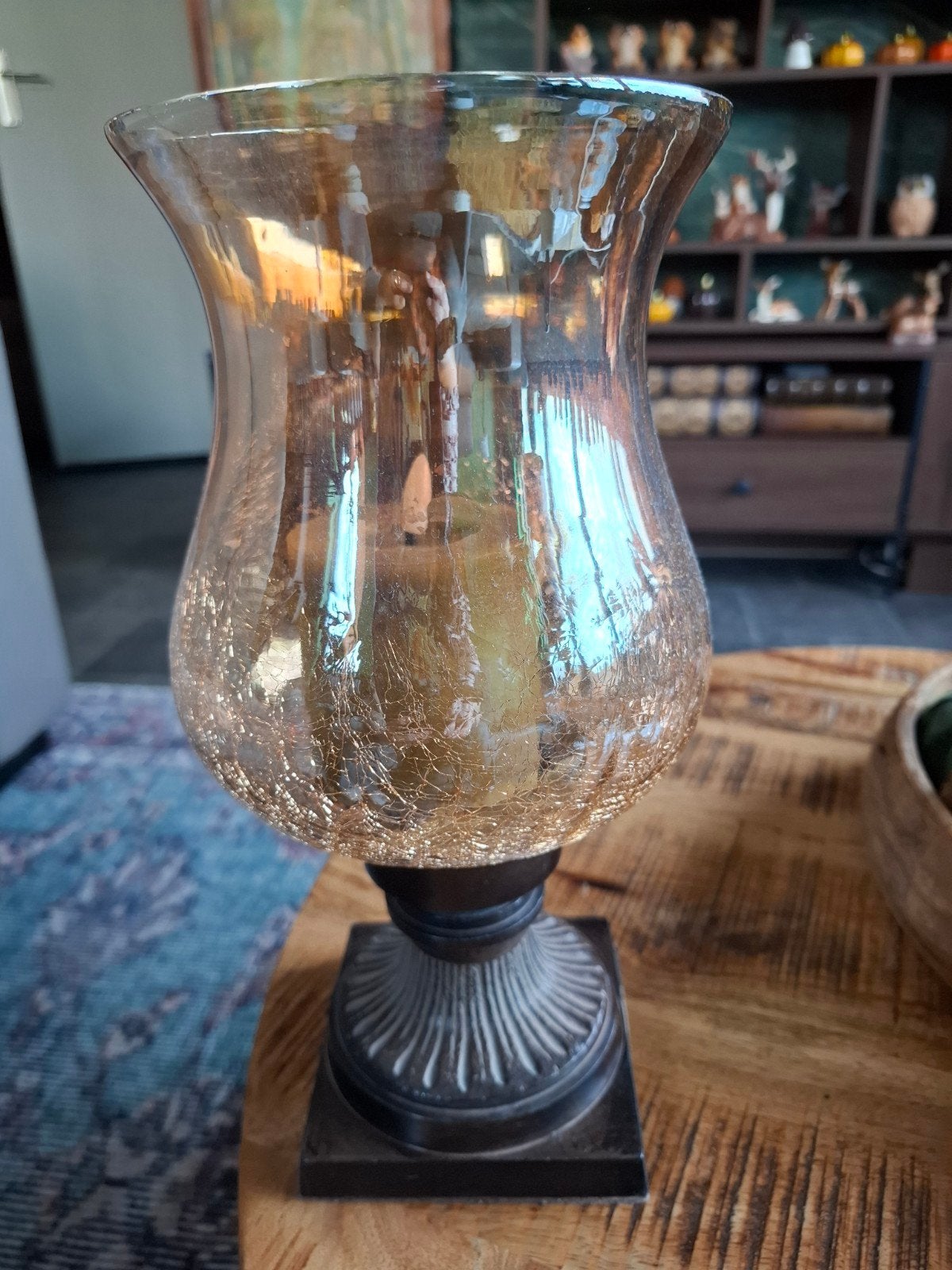 Sfeervolle Windlicht met Craquelé Glas en Kaars, Ophalen, Windlicht, Goud, Glas