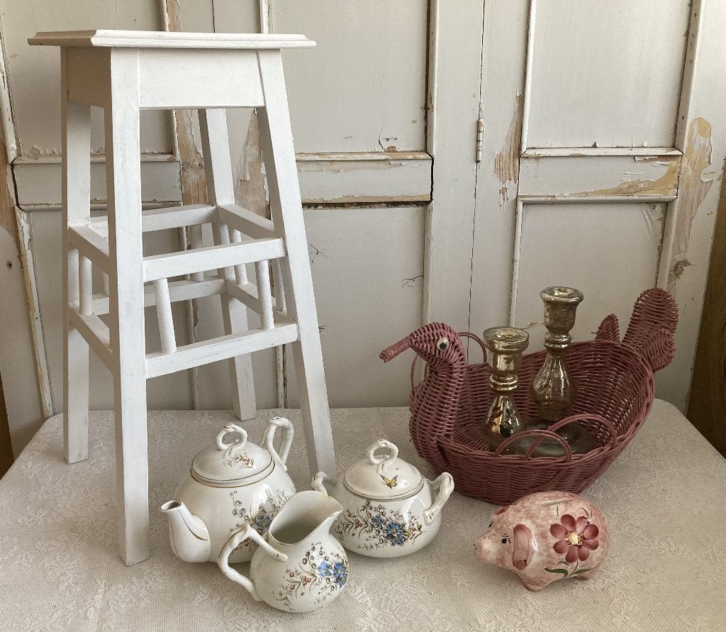 Brocante Plantentafeltje - Theepotje & roomstel - Vaasje, Ophalen of Verzenden
