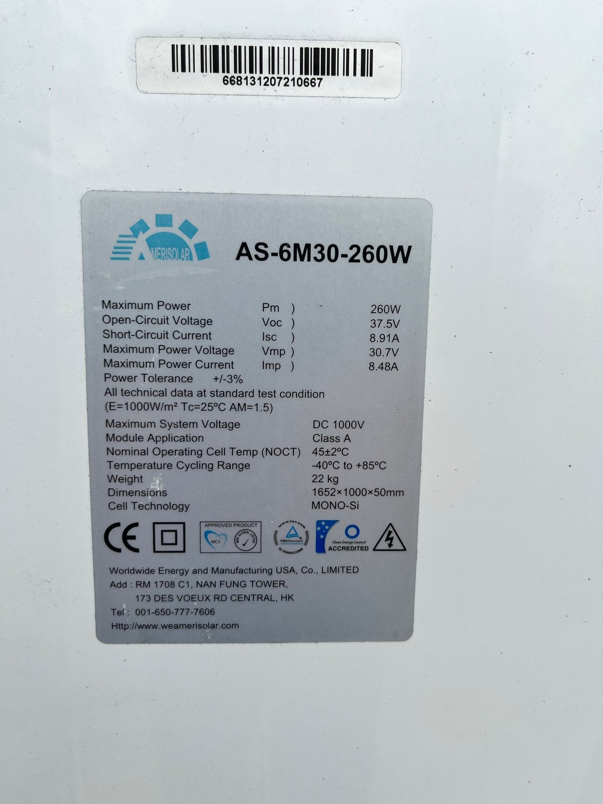 6 zonnepanelen Amerisolar AS-6M30-260W evt. met montagerails, Ophalen, Gebruikt, Paneel, 200 wattpiek of meer