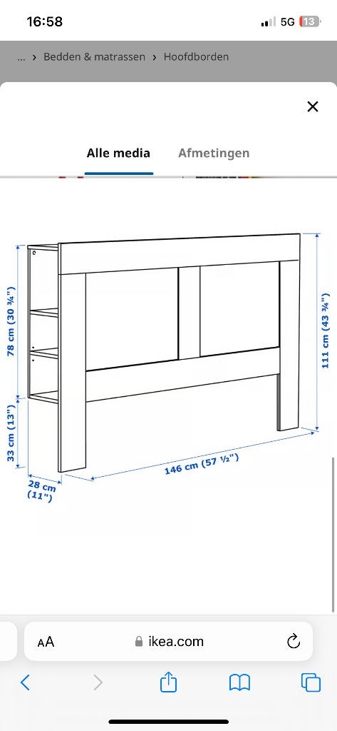 Hoofdbord brimnes, Ophalen, Gebruikt, Wit, 140 cm