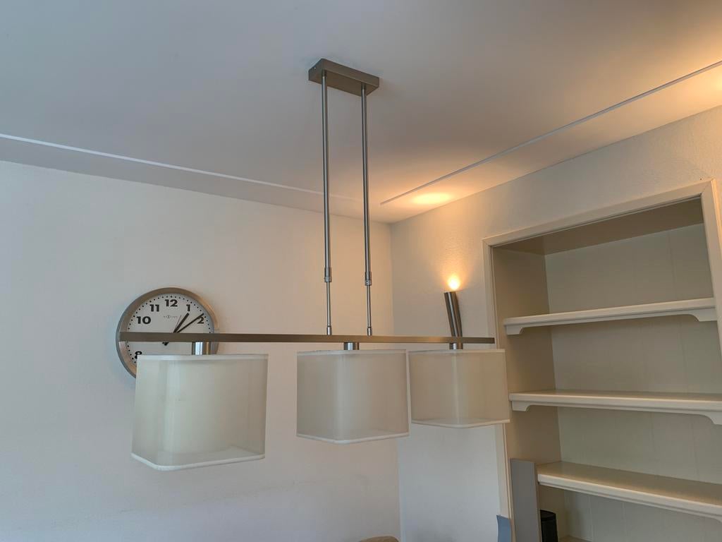 Hanglamp RVS met 3 kappen, Huis en Inrichting, Ophalen of Verzenden, Gebruikt, Overige materialen, 50 tot 75 cm