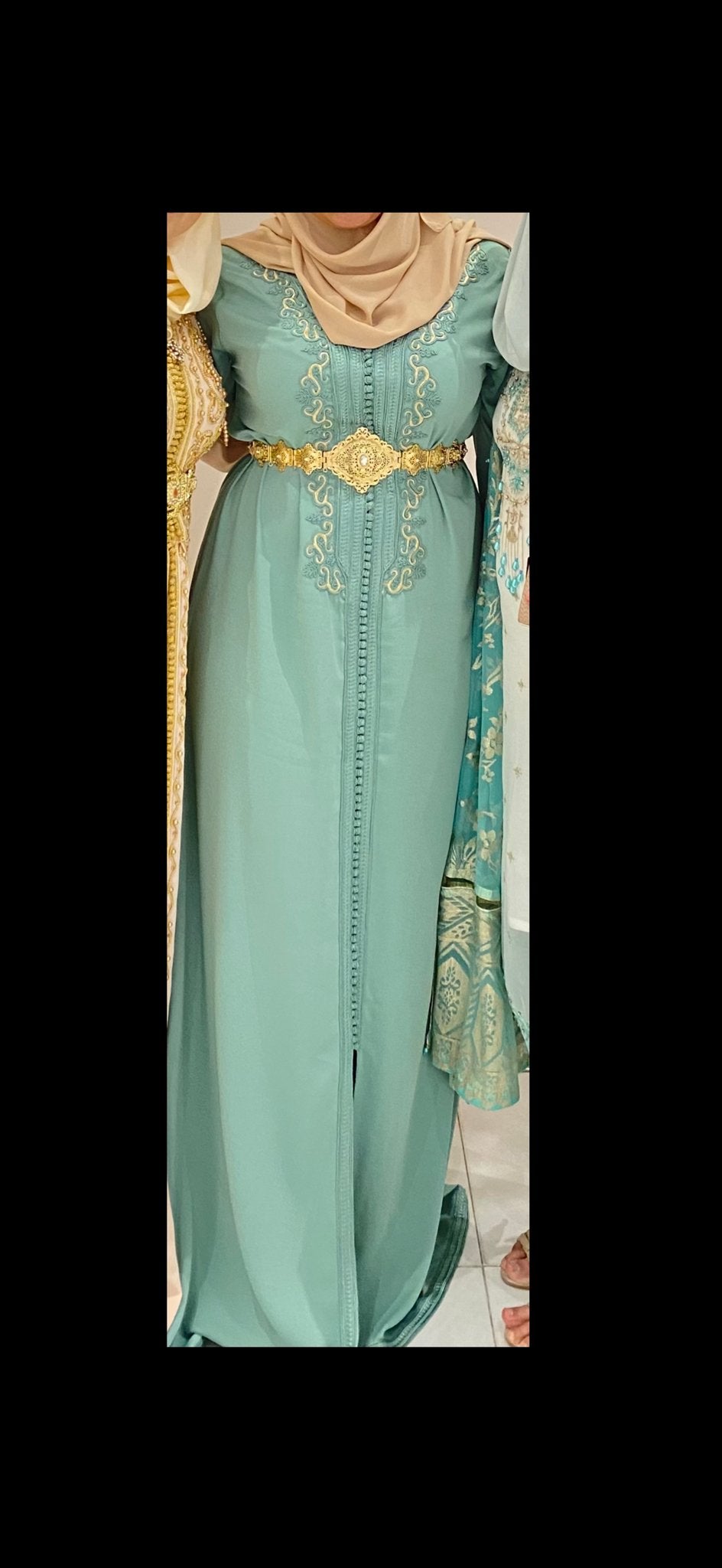 Marokkaanse mintgroene jurk/takchita met borduurwerk en riem, Kleding | Dames, Maat 42/44 (L), Ophalen of Verzenden, Zo goed als nieuw