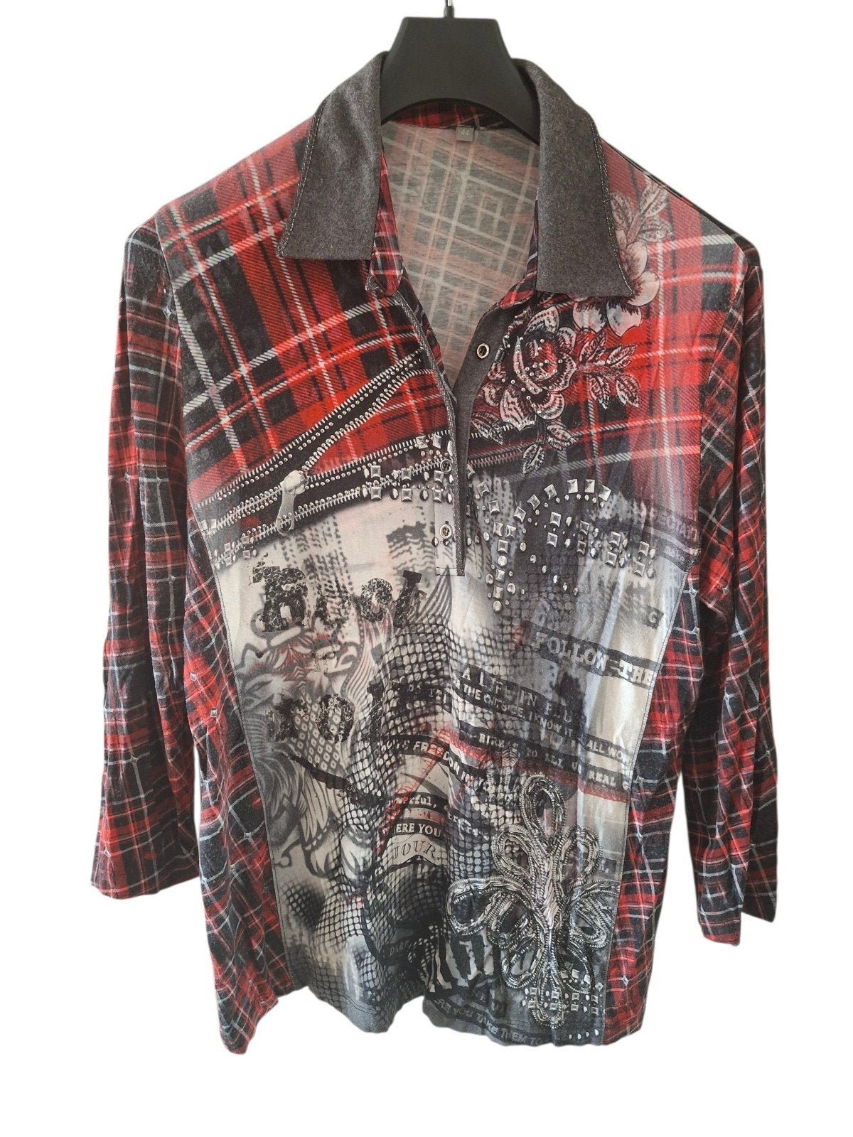 Blouse rood grijs maat 44 line-dance country, Ophalen of Verzenden, Gedragen, Maat 42/44 (L), Rood