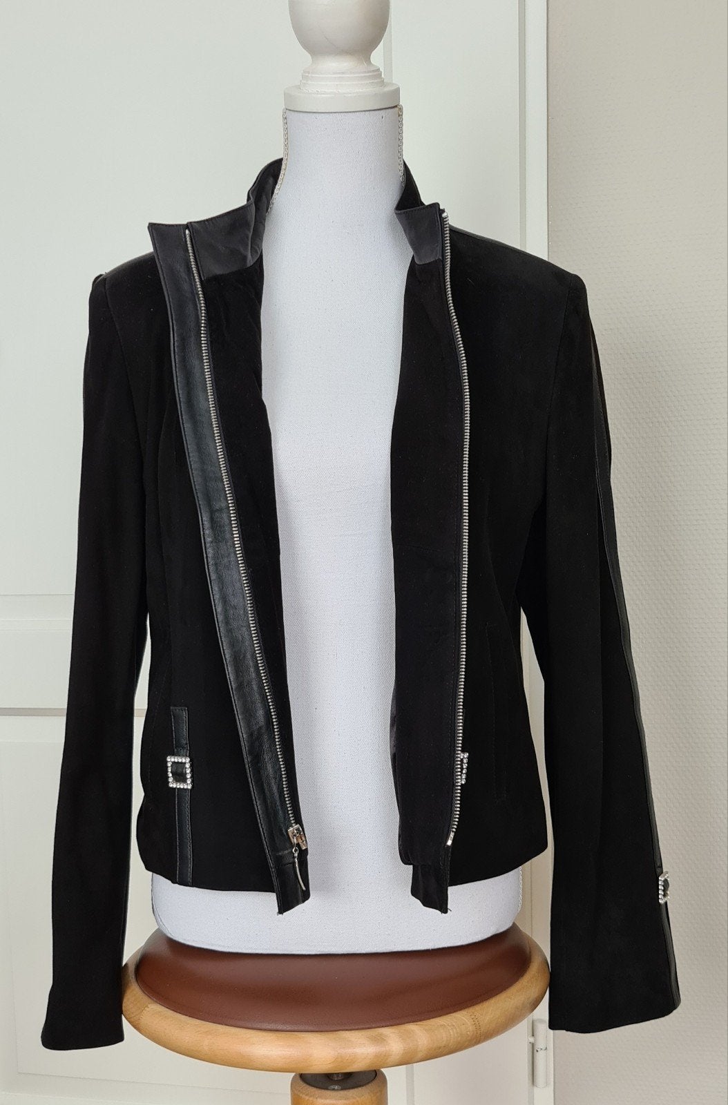 Saki Leather damesjas van echt lamsleer – met strass details, Maat 38/40 (M), Saki leather, Zwart, Nieuw