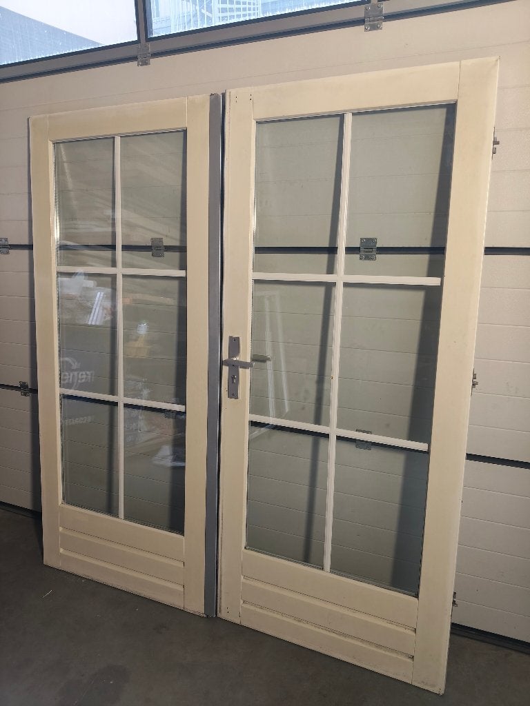 dubbele deuren met kruisroede in het glas, en 2 zijruiten, Ophalen, Gebruikt, 120 cm of meer, Buitendeur