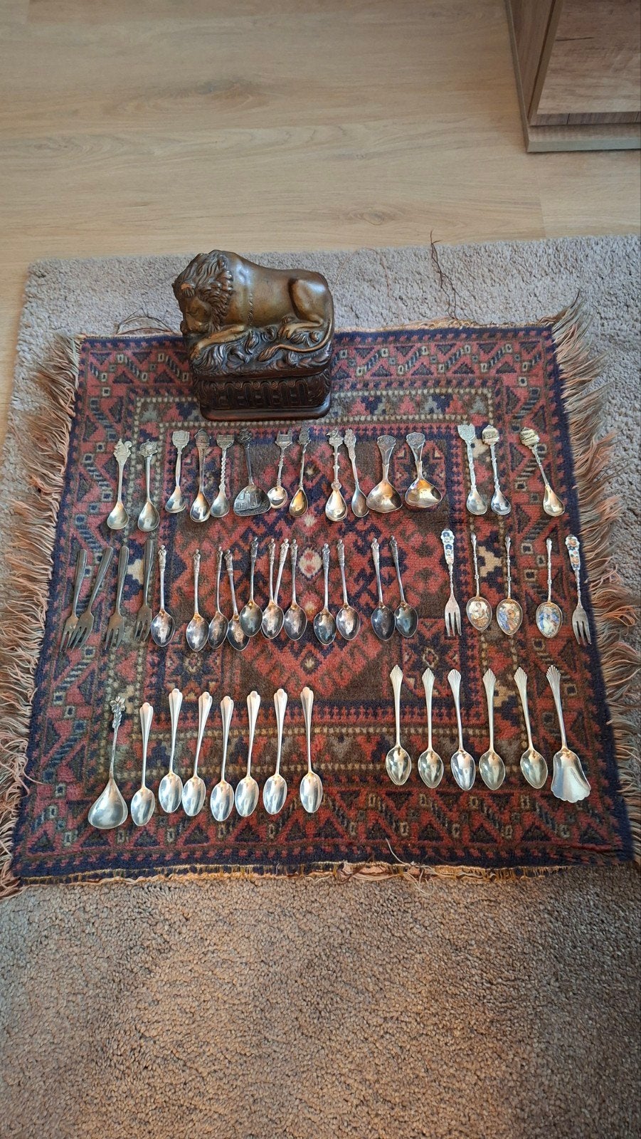 Antieke zilveren en verzilverde lepels en bronzen beeld, Ophalen of Verzenden