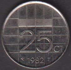 25 gulden cent.1982 nikkel. ADV. no.2 S., Postzegels en Munten, Verzenden, Koningin Beatrix, 25 cent, Losse munt