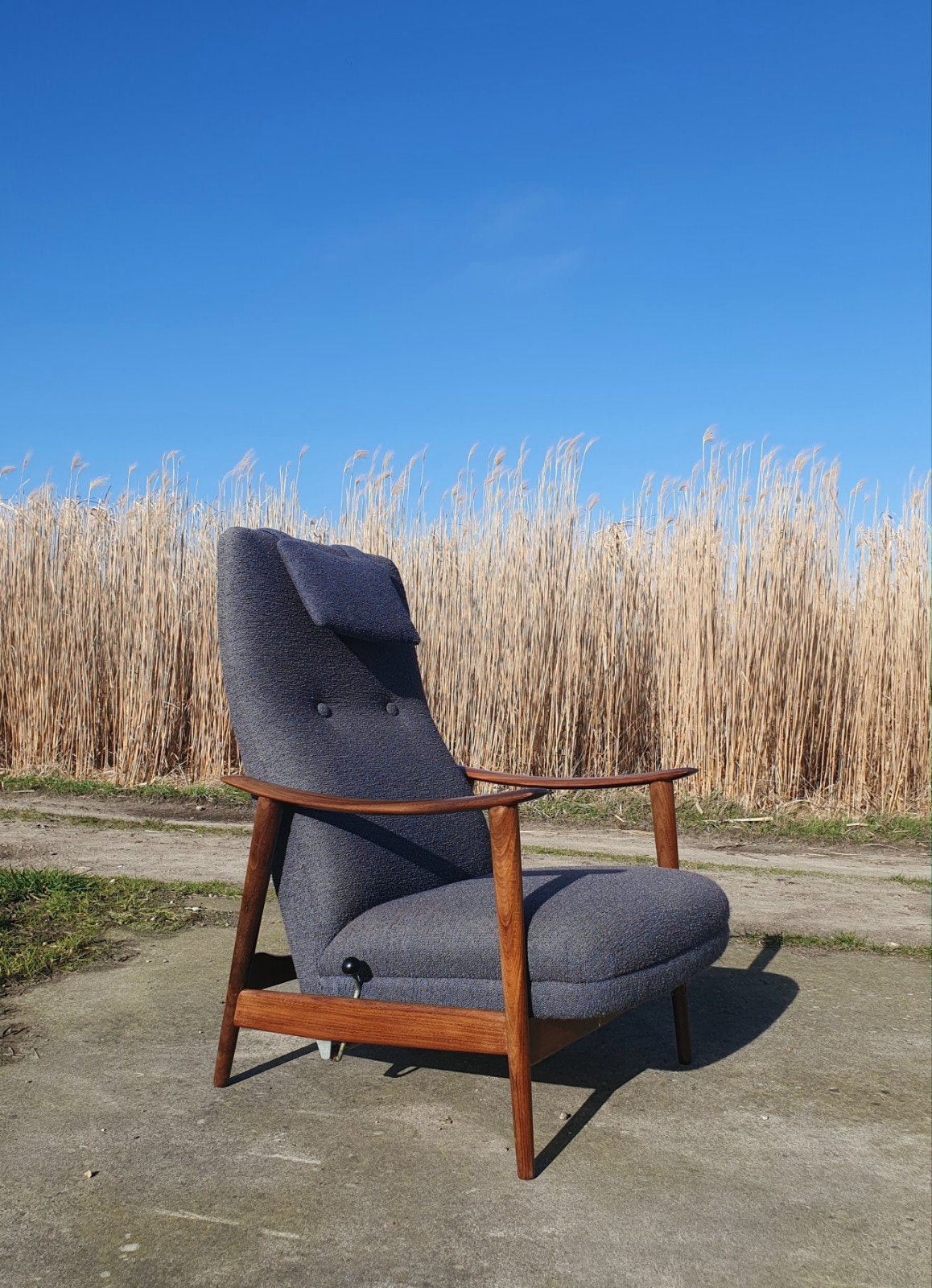 Vintage stokke relaxfauteuil Combi Star blauw paars teak, Huis en Inrichting, Fauteuils, Ophalen, Zo goed als nieuw, Deens scandinavisch design mcm retro