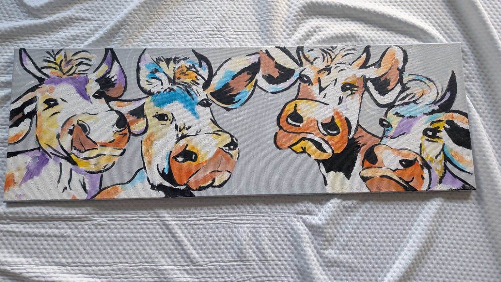 Olieverf Schilderij - Abstracte koeien (40x120cm), Ophalen