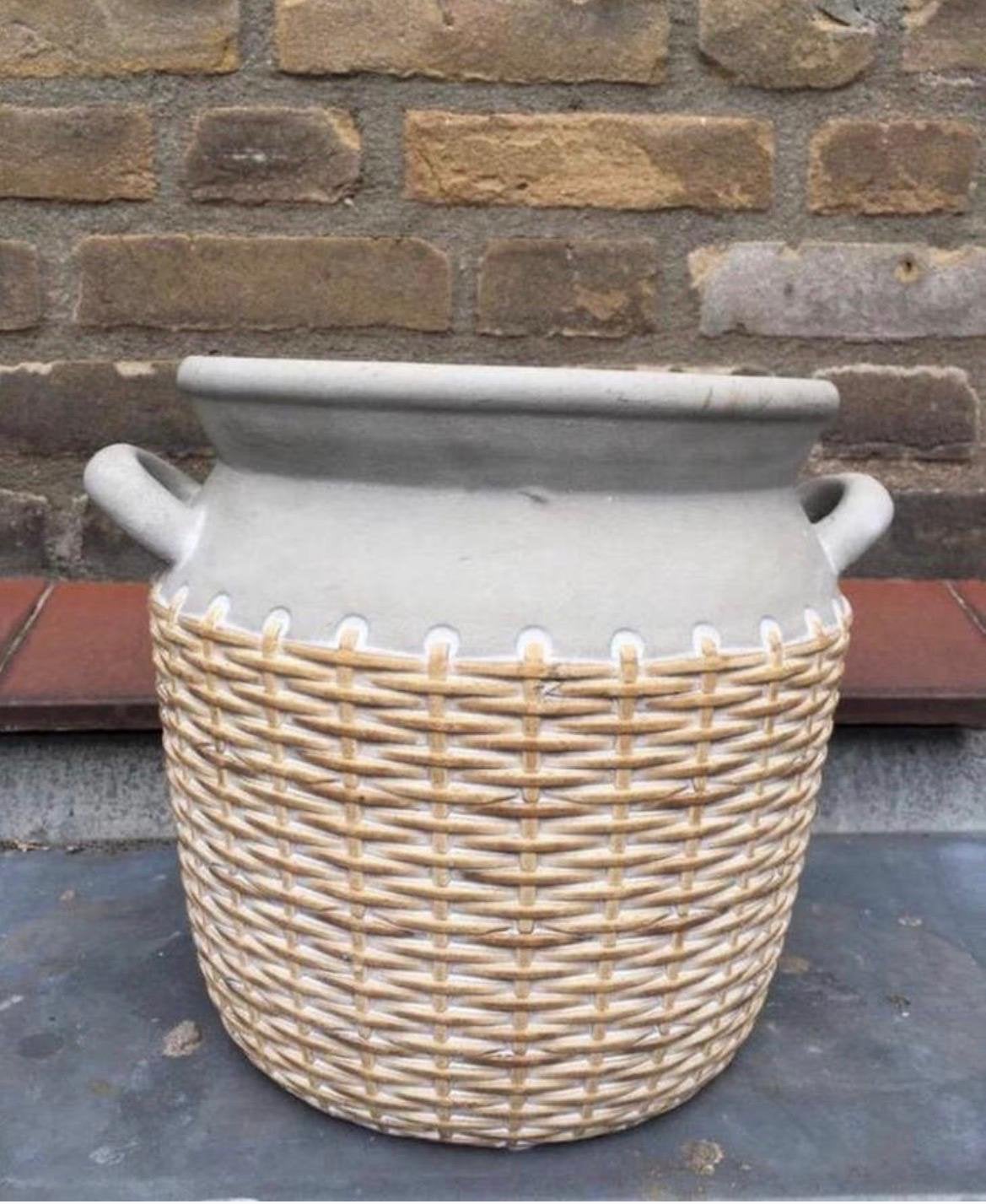 Vintage jaren’50 terracotta bloempot beige manddesign, Ophalen, Rond, Binnen, Zo goed als nieuw