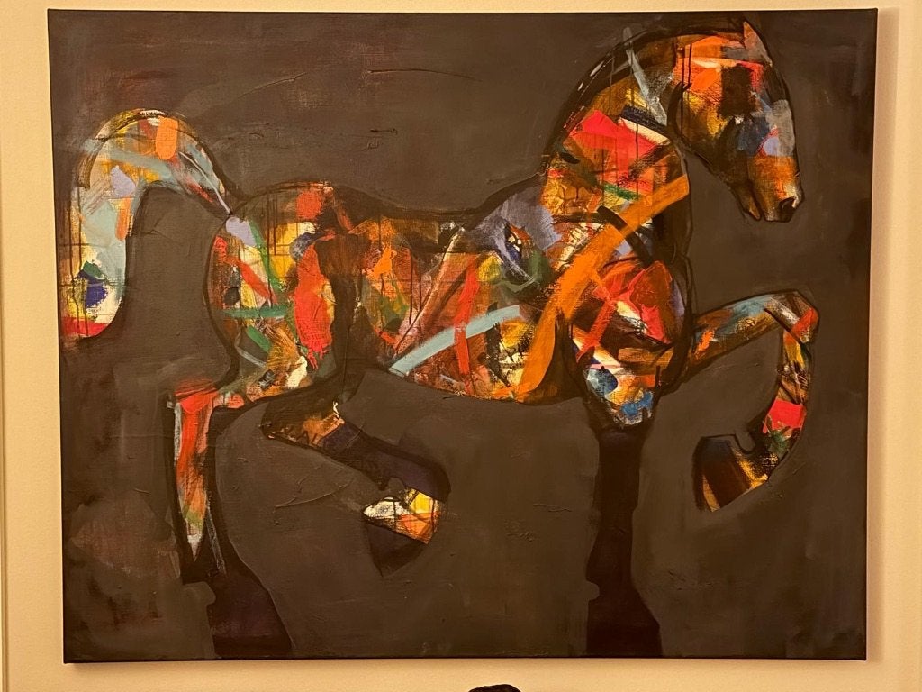 Wendy Alblas, origineel schilderij Paard Afm. 150 b x 1.20 h, Antiek en Kunst, Ophalen, Doek, Expressionistisch, Dieren