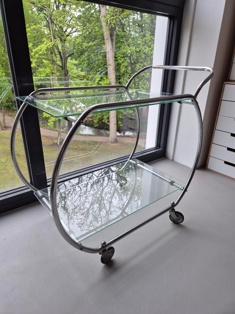 Vintage Glazen Serveerwagen/Trolley - Chroom & Glas, Huis en Inrichting, Ophalen, Vintage, Gebruikt, Metaal