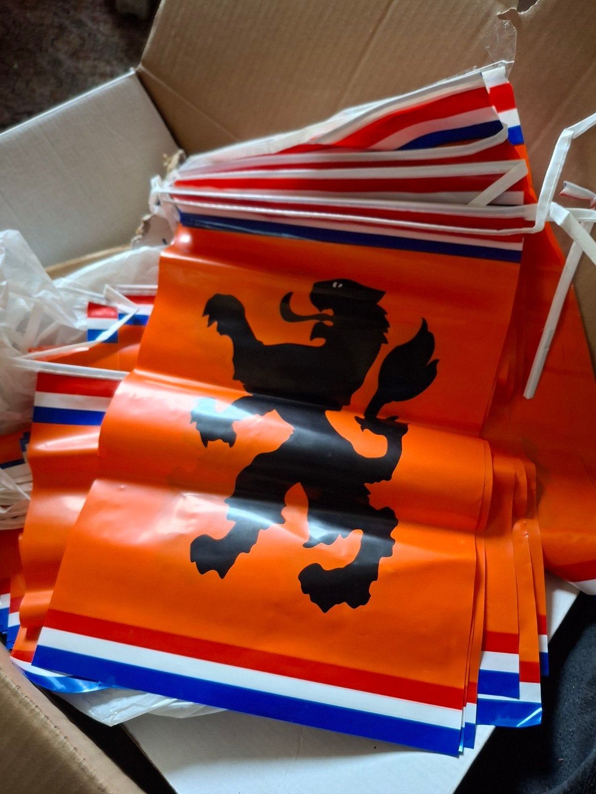 Lange slinger met oranje vlaggetjes met de Nederlandse leeuw, Ophalen