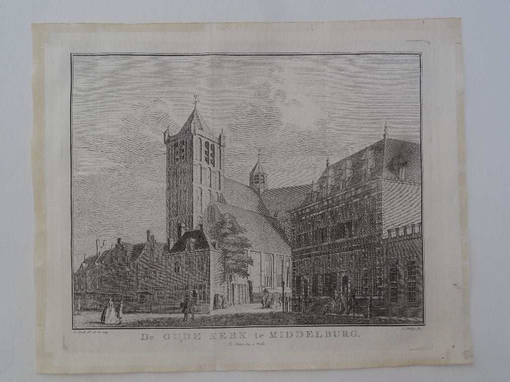 gravure de oude kerk te Middelburg, Pronk 1743, uitg Tirion, Ophalen of Verzenden, Origineel