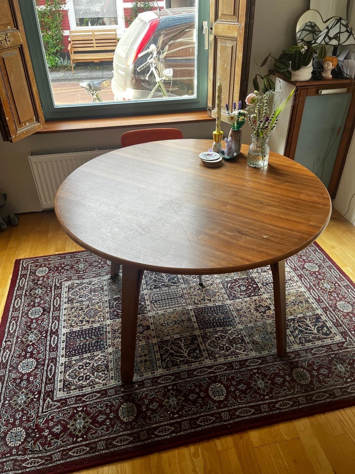 Ronde eettafel, vintage midcentury look, Huis en Inrichting, Ophalen, Gebruikt, 100 tot 150 cm, Rond