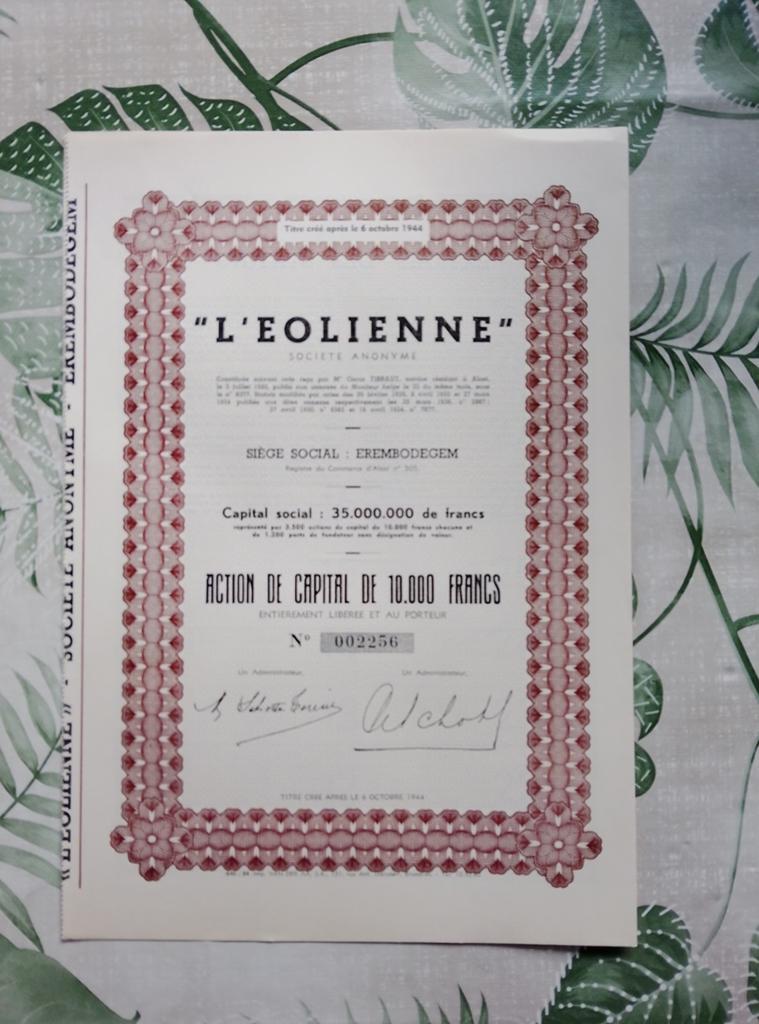 Historisch aandeel "L'EOLIENNE" - 1944, Postzegels en Munten, Aandelen en Waardepapieren, Ophalen, Aandeel