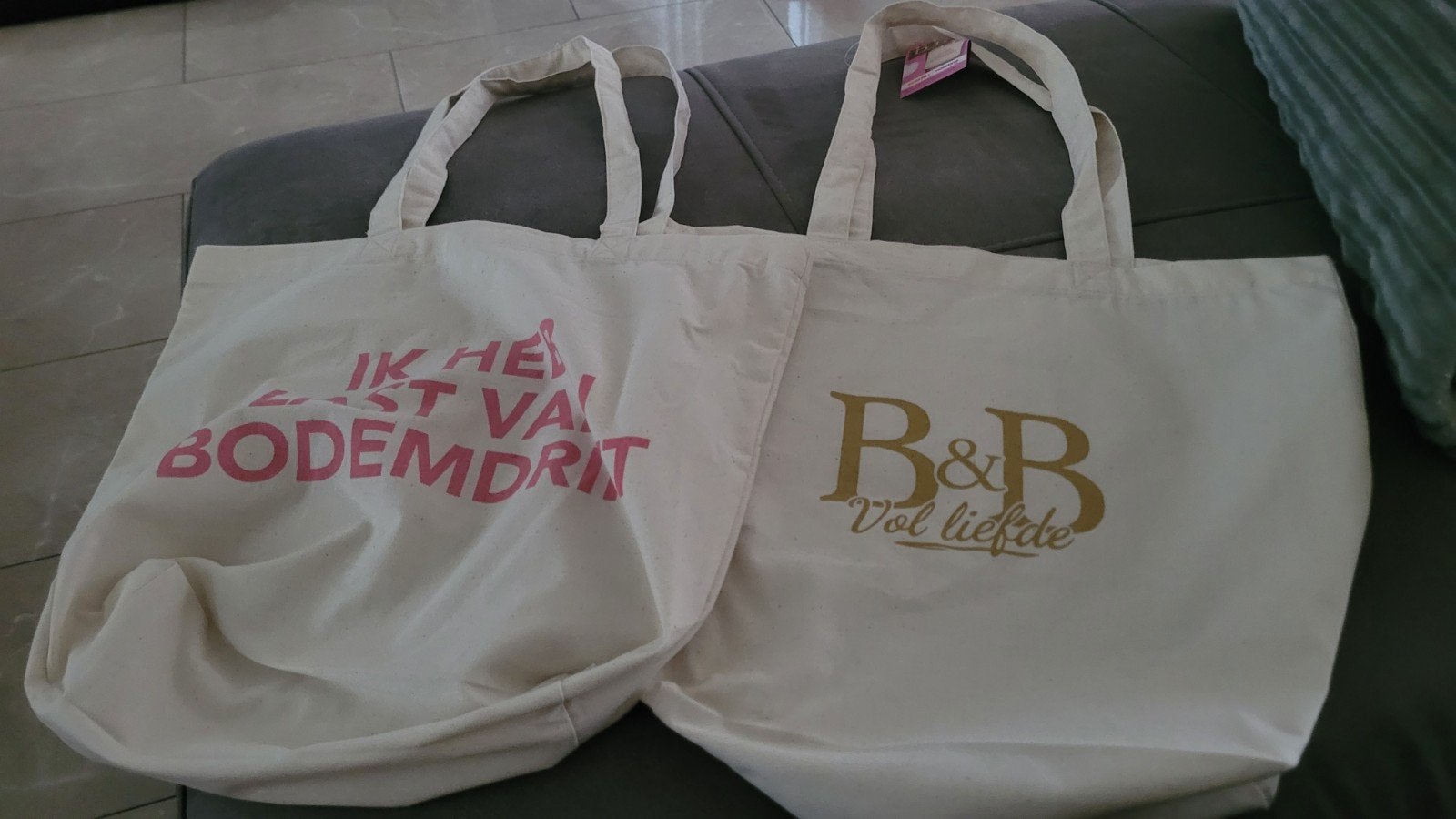 Set van 2 stoffen tassen met opdruk, Ophalen of Verzenden, Gebruikt, Wit, Shopper