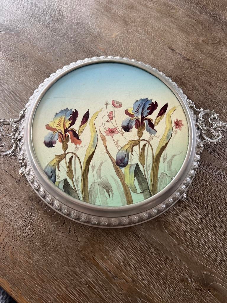 Weens Artdeco dienblad/ schaal met irissen, verzilverd, Ophalen of Verzenden