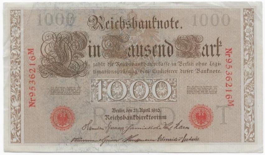 1000 Mark 1910 Reichsbanknote; two red seals 16M, Postzegels en Munten, Bankbiljetten | Europa | Niet-Eurobiljetten, Verzenden