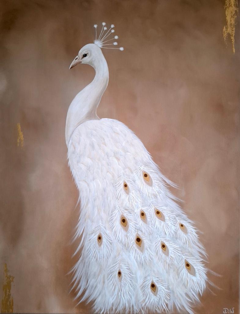 Schilderij witte pauw - neutraal - goud - modern, Ophalen of Verzenden