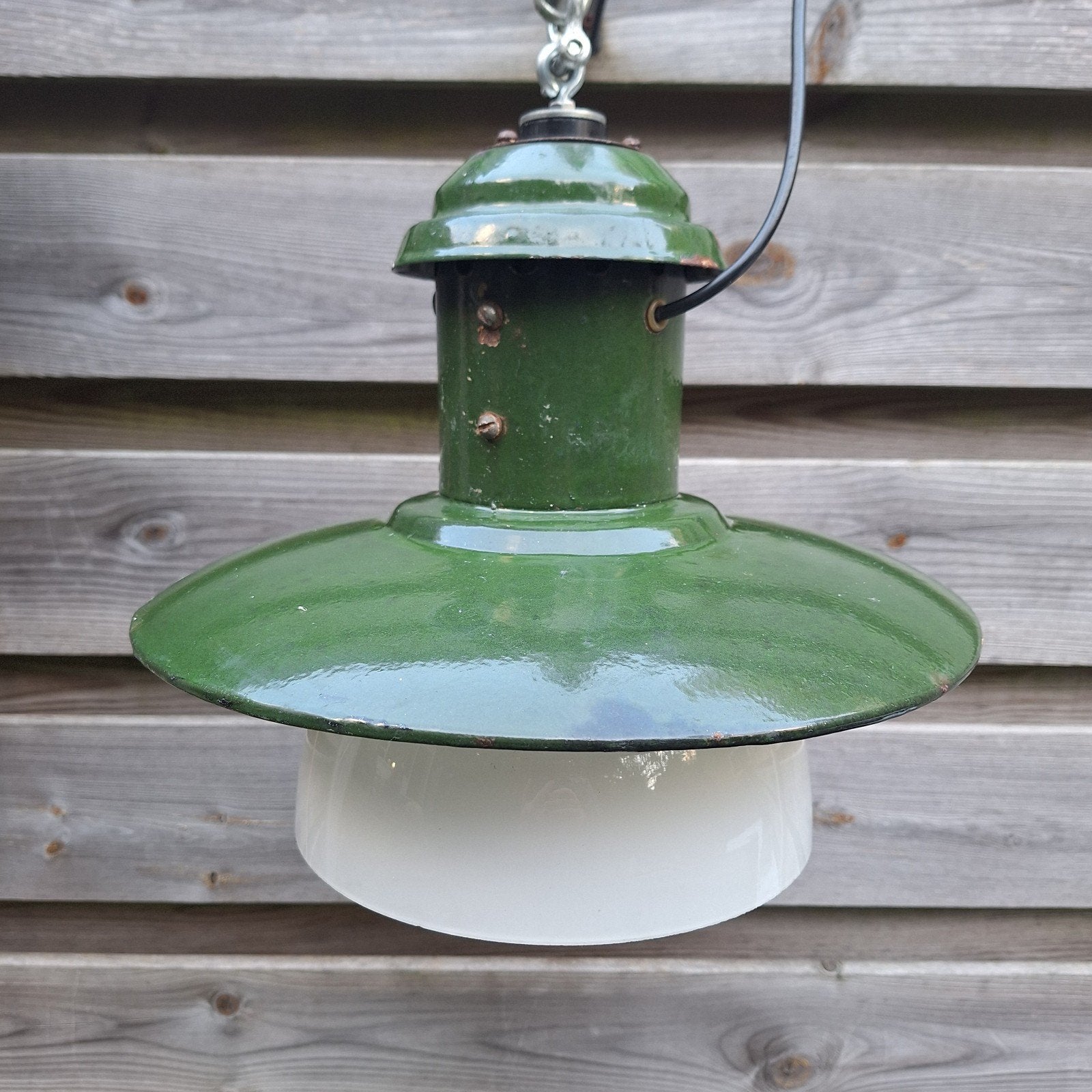 emaille industriële UFO lamp 50's, 60's design massief fors, Ophalen of Verzenden, Metaal, Groen, 50 cm
