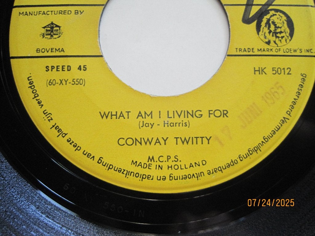 Conway Twitty  -  What am i living for, 7 inch, Ophalen of Verzenden, Zo goed als nieuw, Overige typen