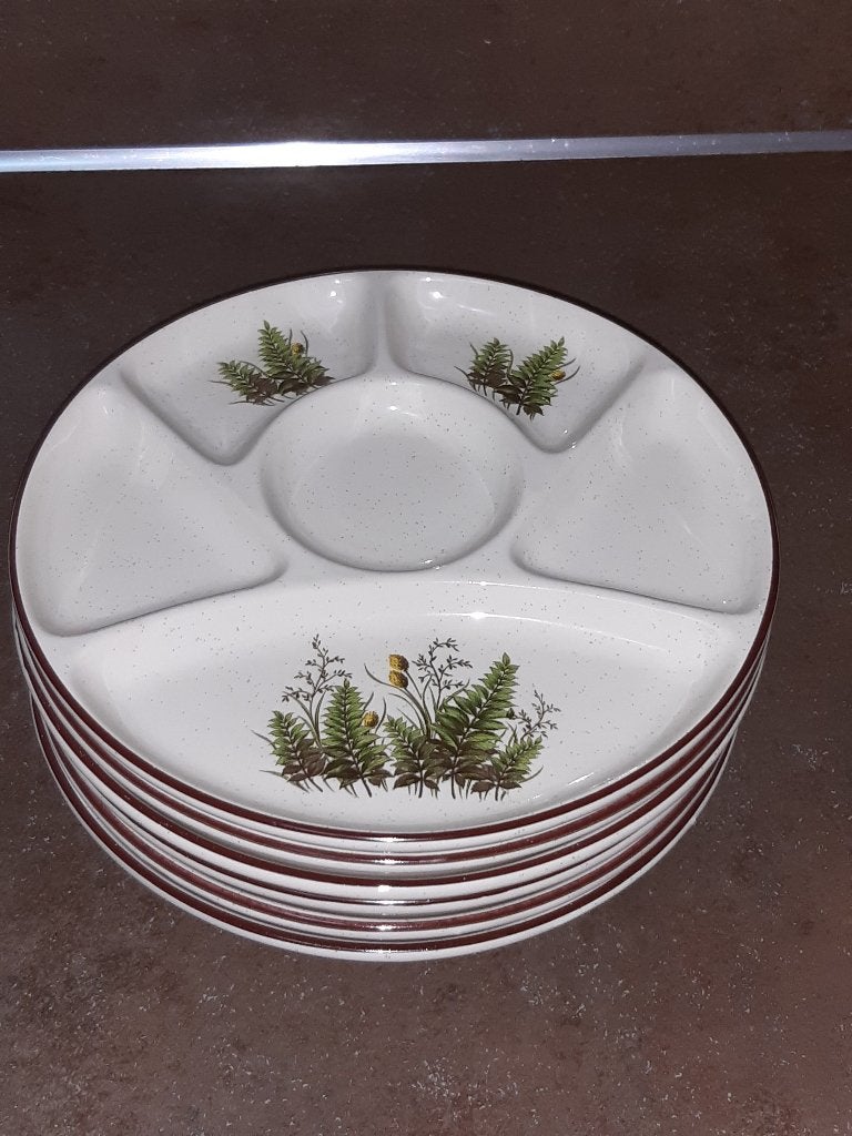 Gourmet / fondueborden planten + schaaltjes vintage set, Ophalen of Verzenden, Overige stijlen, Porselein, Schaal of Schalen