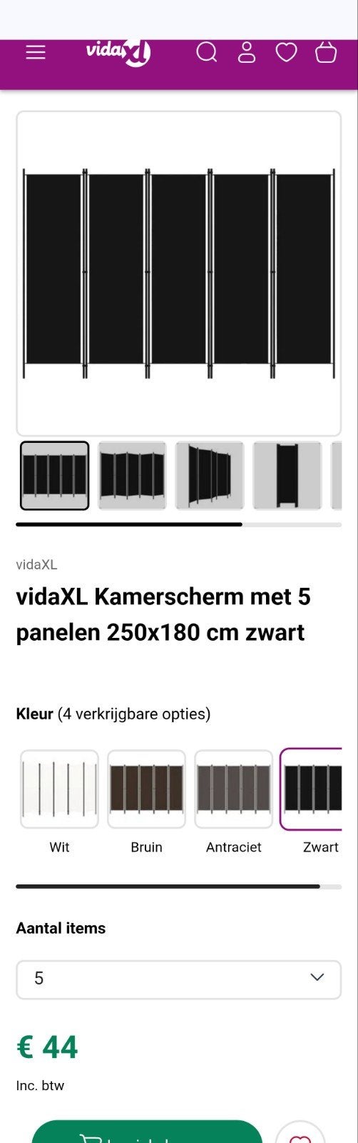 vidaXL Kamerscherm met 5 panelen 250x180 cm zwart, Huis en Inrichting, Woonaccessoires | Kamerschermen, Ophalen, Zo goed als nieuw