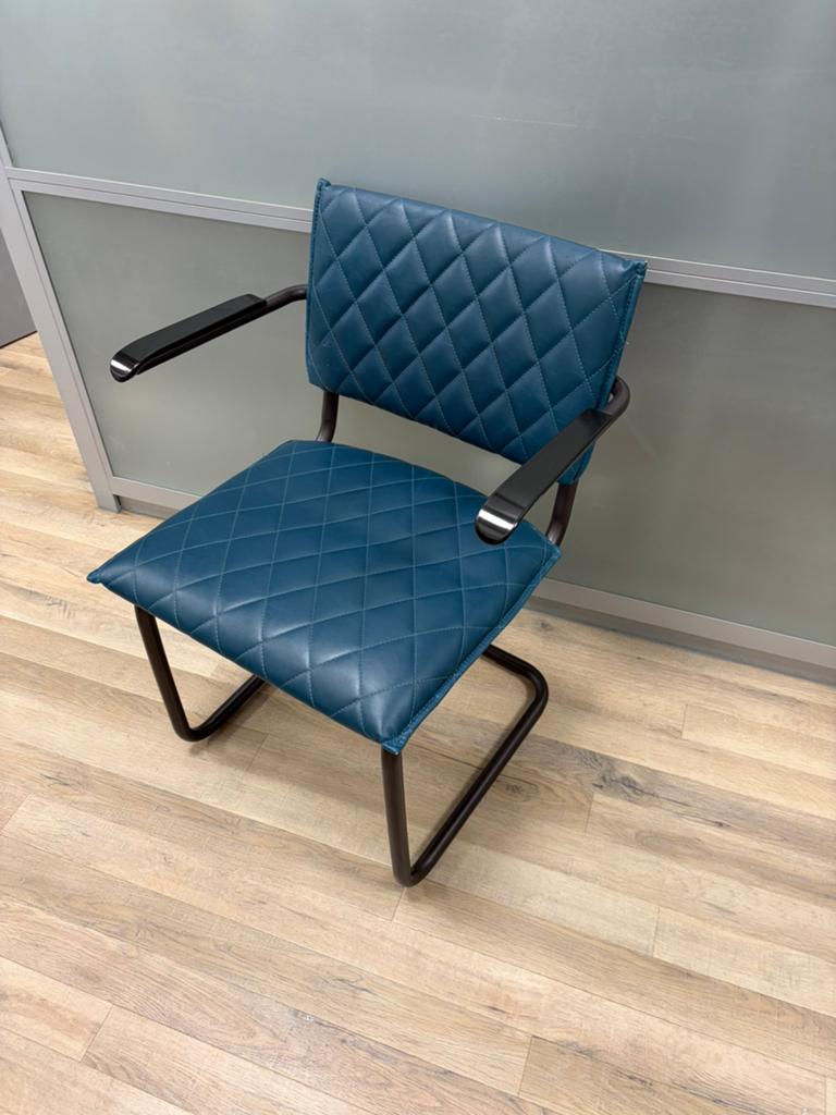 Luxe eetkamerstoelen per 5 stuks  – petrol blauw & cognac, Ophalen, Gebruikt, Bruin, Metaal