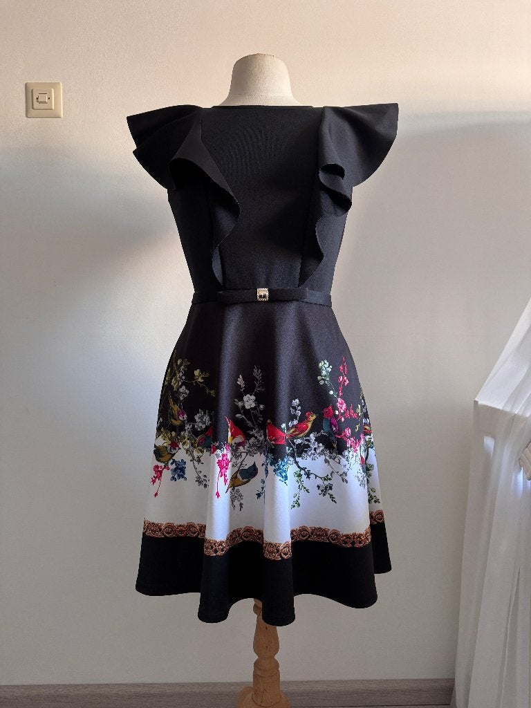 Ted Baker jurk met vogelprint en ruches - Maat 38, Kleding | Dames, Maat 38/40 (M), Meerkleurig, Ophalen of Verzenden, Zo goed als nieuw