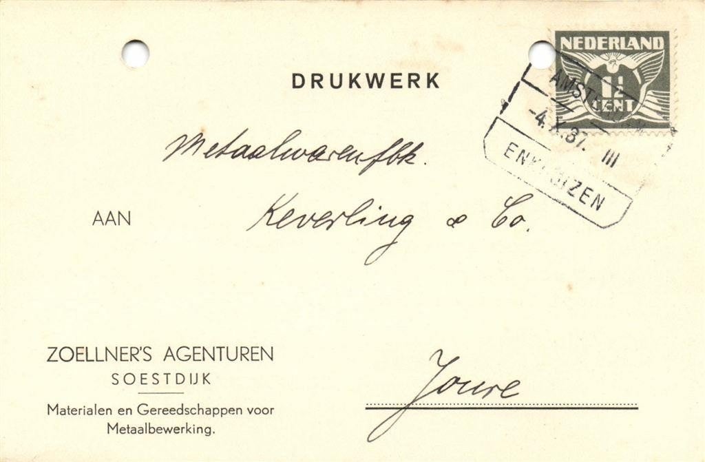 Zoellner s Agenturen, Soestdijk - 10.1937 - drukwerk, Postzegels en Munten, Ophalen of Verzenden, Briefkaart