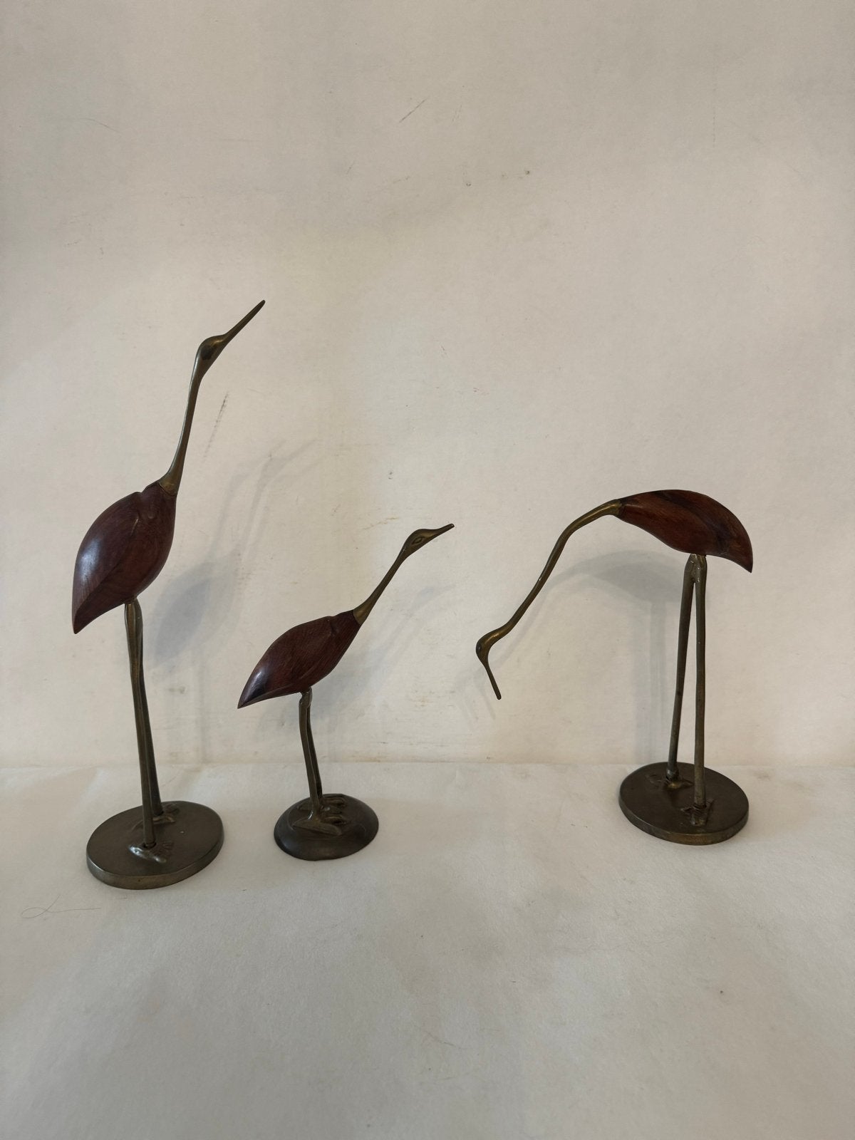 Set van 3 Vintage Kraanvogel Beelden - Hout & Brons, Ophalen of Verzenden, Handgemaakt, 20 - 50 cm, Beeld