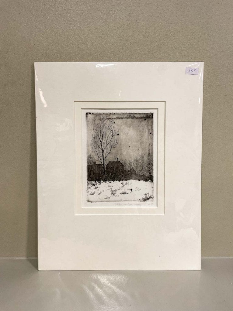 Wim van der Meij - ets  huizen in sneeuwlandschap, Gesigneerd, Ophalen of Verzenden, 14 cm, Landschap