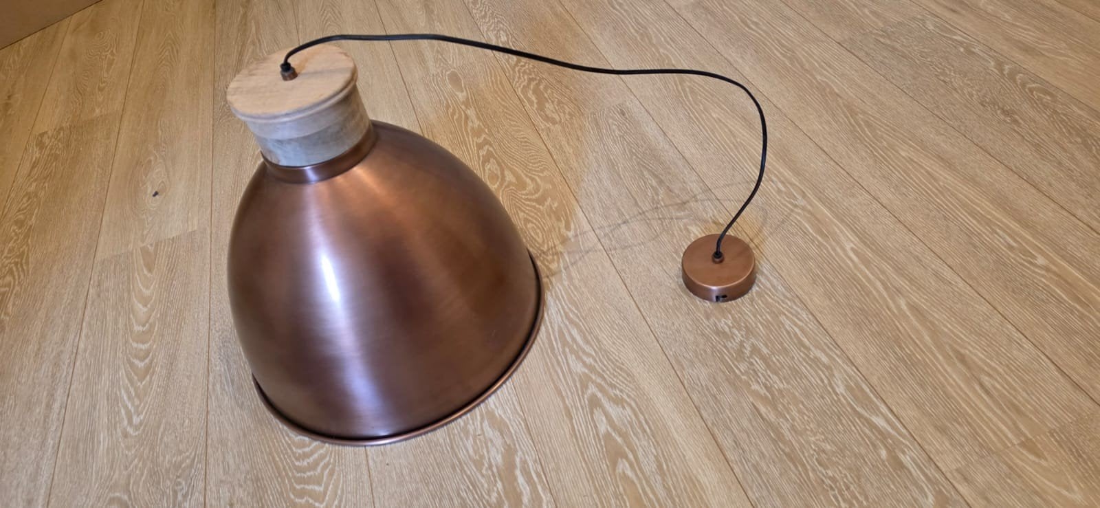 Koperen hanglamp met houten detail, Ophalen, Industrieel, Modern, E27 (groot), Zo goed als nieuw