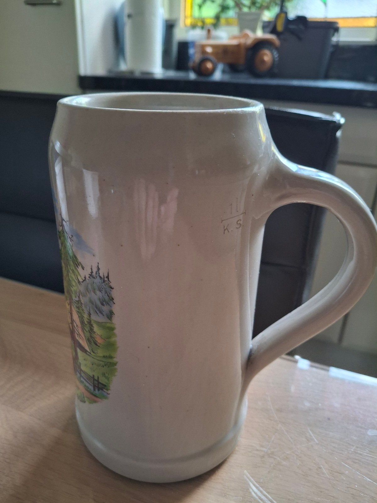 Duitse aardewerk bierpul uit de jaren '90, 1 liter, Antiek en Kunst, Ophalen of Verzenden