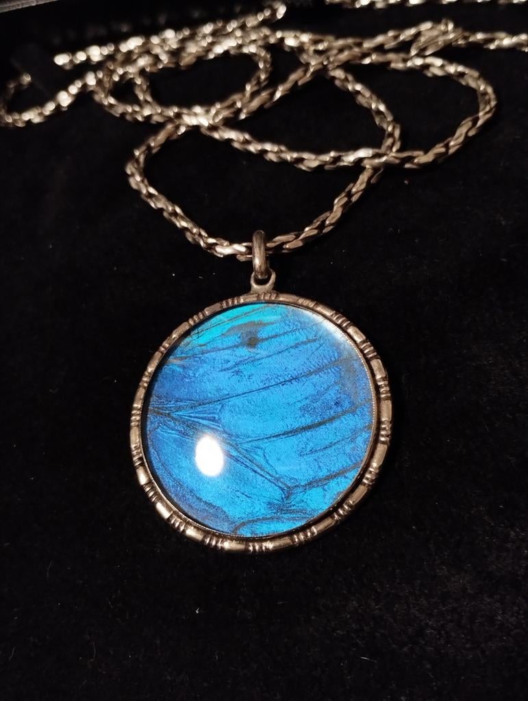 Art Deco blue morpho zilveren medaillon kettinghanger, Ophalen of Verzenden, Zilver