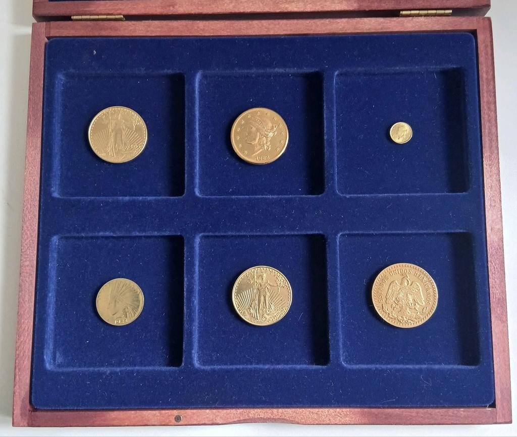 Verzameling 6 verguld gouden naslag munten USA,Mexico+Kistje, Postzegels en Munten, Munten | Amerika, Verzenden, Noord-Amerika