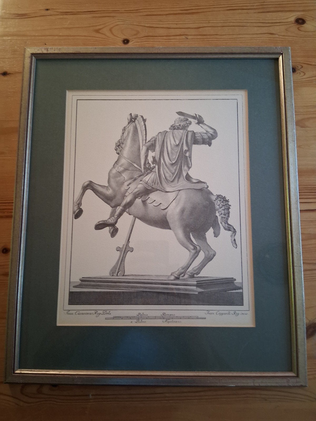 Antieke Gravure: Ruiterstandbeeld van Marcus Aurelius, Antiek en Kunst, Ophalen, Ingelijst, Militair, Gravure