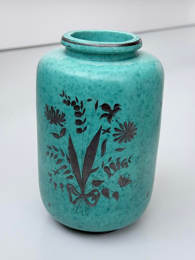 Urn Vaas Gustavsberg Argenta Wilhelm Kage Bloem Zilver Groen, Ophalen
