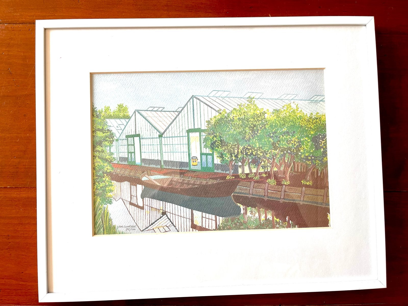 Coq Scheltens, Aquarel: Kassen aan het water met boot, Ophalen, Realistisch, Gesigneerd, Landschap
