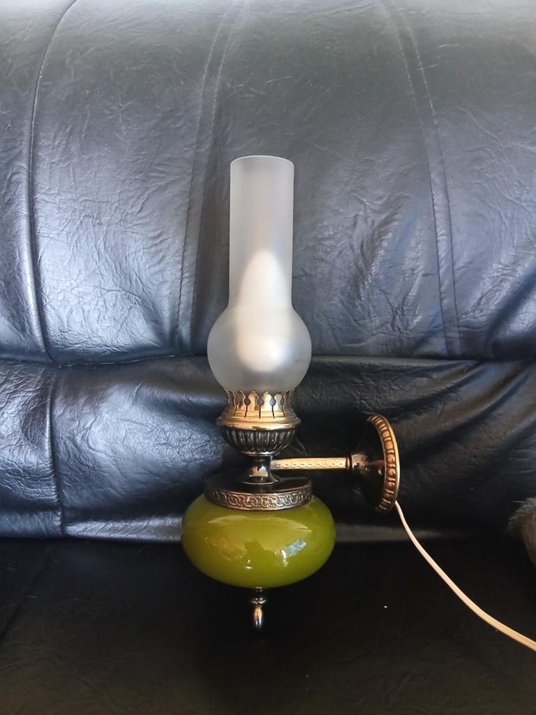 Vintage Olie Lamp Stijl Wandlamp - Groen Glas & Messing, Ophalen of Verzenden