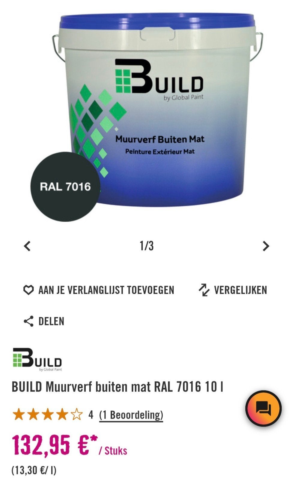 BUILD Muurverf Buiten Mat Antraciet RAL 7016 10L, Ophalen of Verzenden, Nieuw, Grijs