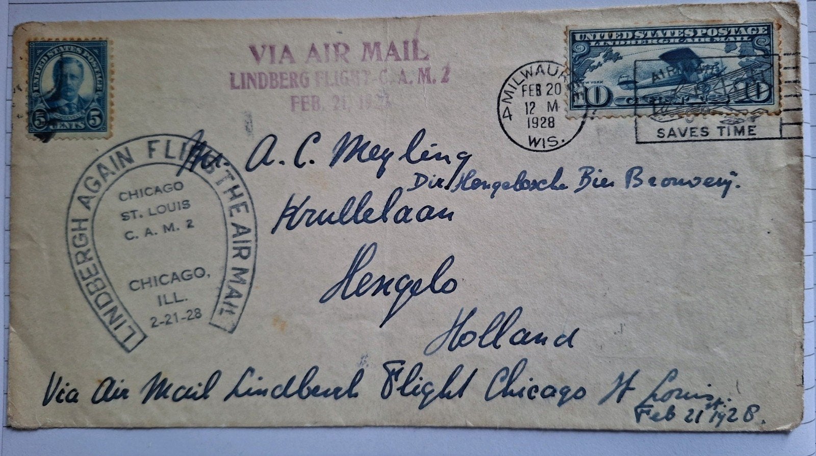 LUCHTPOST: Lindbergh Air Mail vlucht envelop 1928, Ophalen of Verzenden, Brief