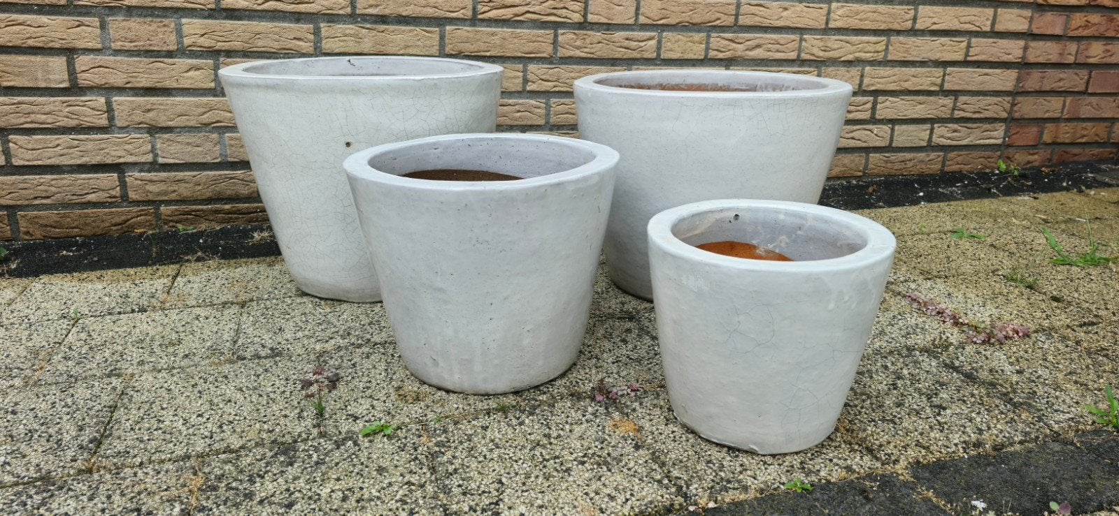 Set van 4 grote witte geglazuurde plantenpotten, Gebruikt, Rond, Minder dan 40 cm, Ophalen