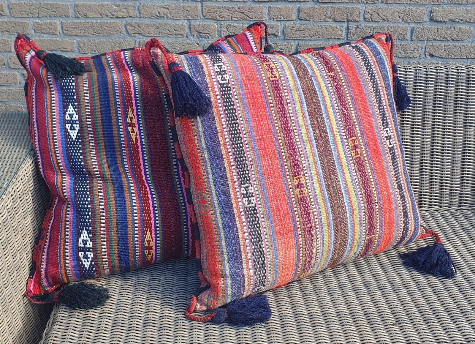 Set van 2 XL Indiase Jajim Kelim Vloerkussens (80x80 cm), Huis en Inrichting, Ophalen, Gebruikt, Meerkleurig, Vierkant