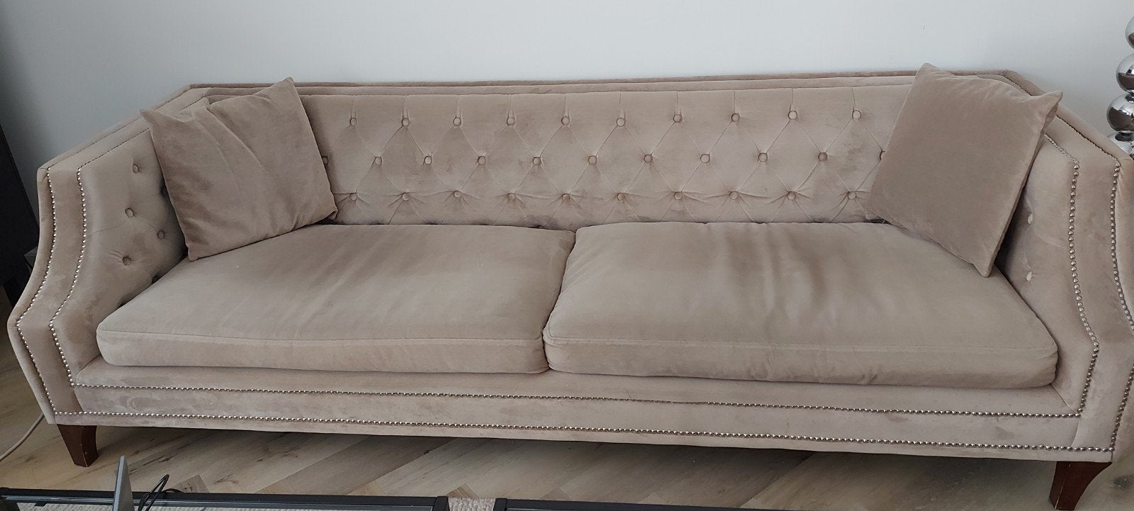 Zandkleurige fluwelen  bank met 2 fauteuils en poef, Ophalen, 250 tot 300 cm, Gebruikt, Minder dan 75 cm