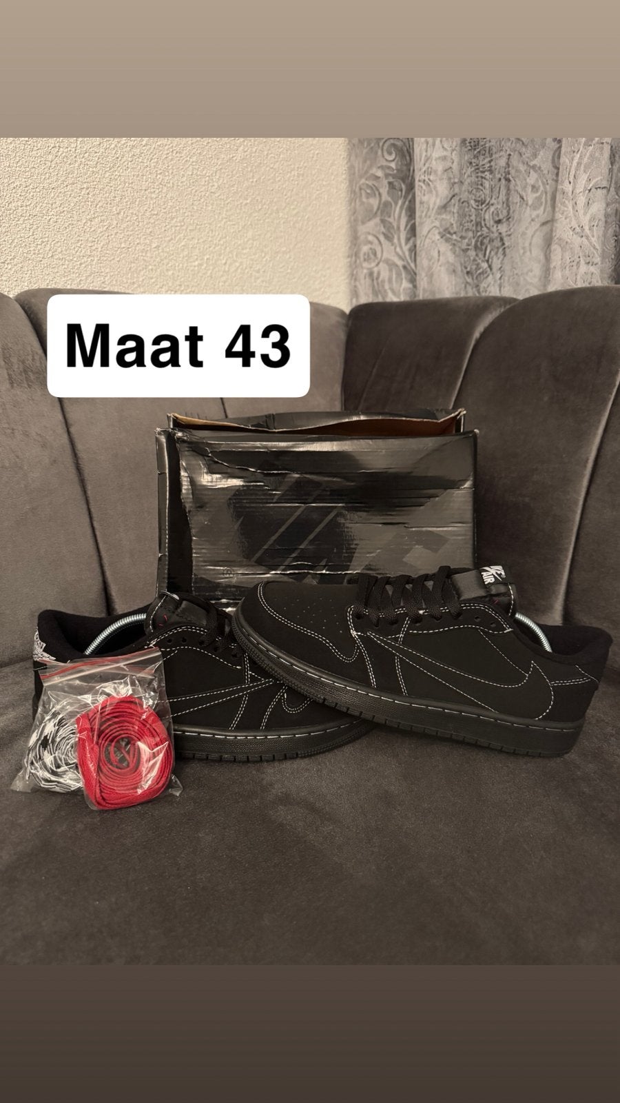 Travis scott jordan 1 low “black phantom” size 43, Zwart, Nieuw, Ophalen of Verzenden, Sneakers of Gympen