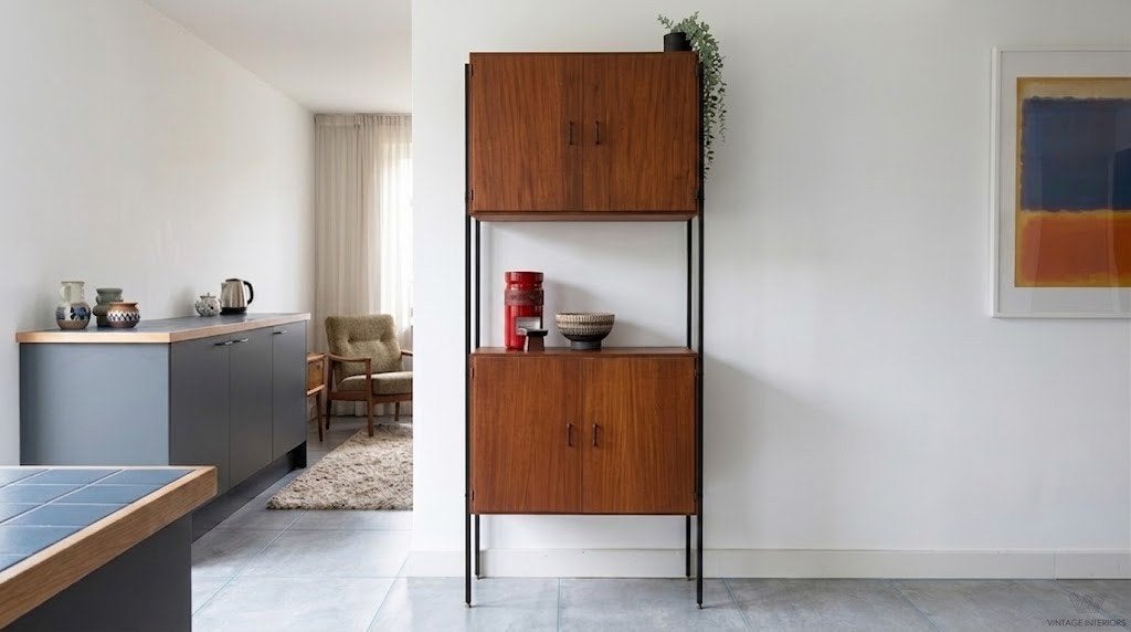Vintage midcentury wandmeubel Simplalux jaren 60, Huis en Inrichting, Kasten | Wandmeubels, Ophalen, Teakhout, Minder dan 150 cm