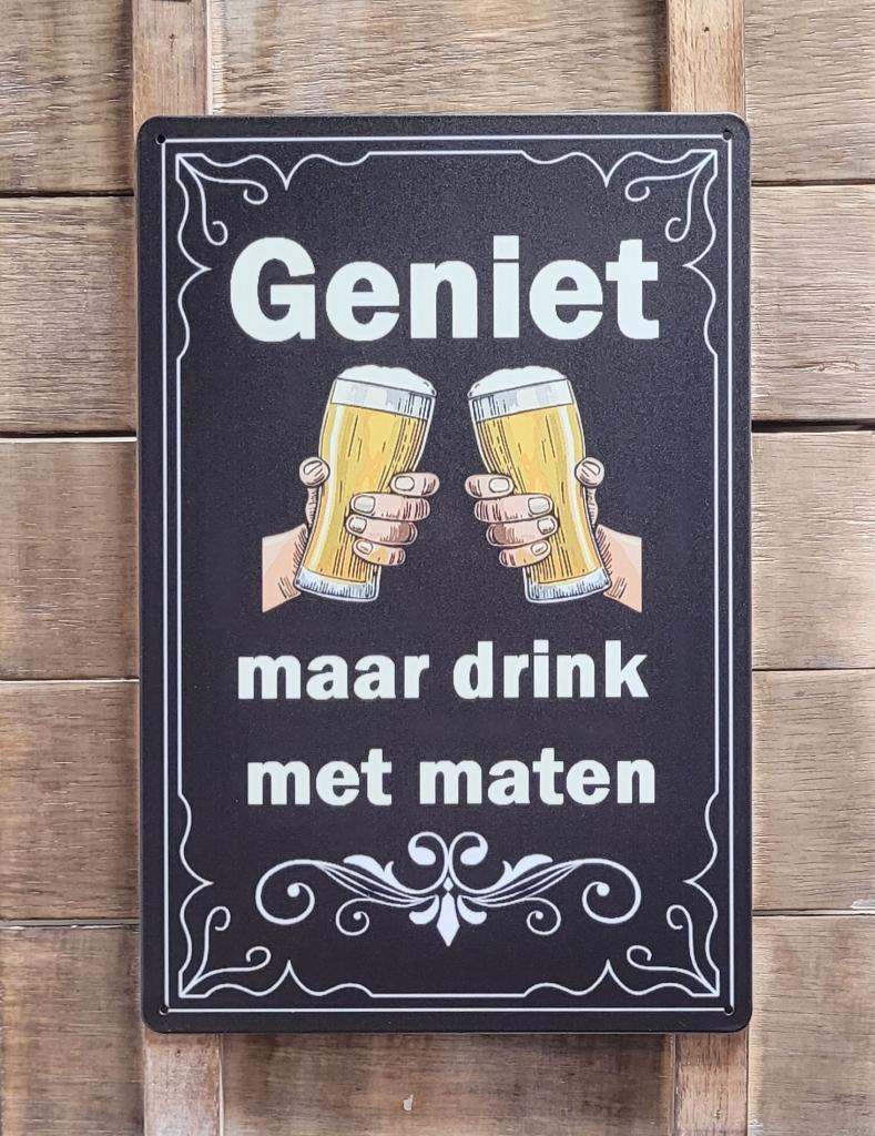 Geniet maar drink met maten reclamebord van metaal wanddeco, Info@deconoord.nl, Deco Noord, Nieuw, Ophalen of Verzenden
