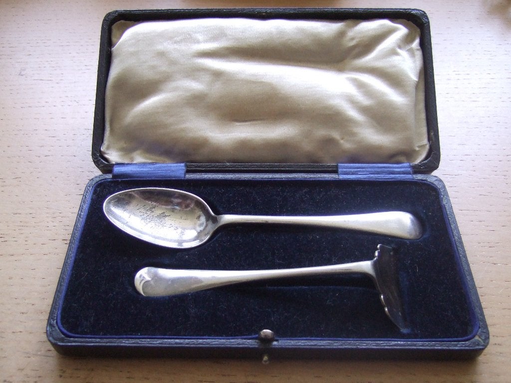 kinder bestek setje lepel+schuivertje, Antiek en Kunst, Ophalen of Verzenden